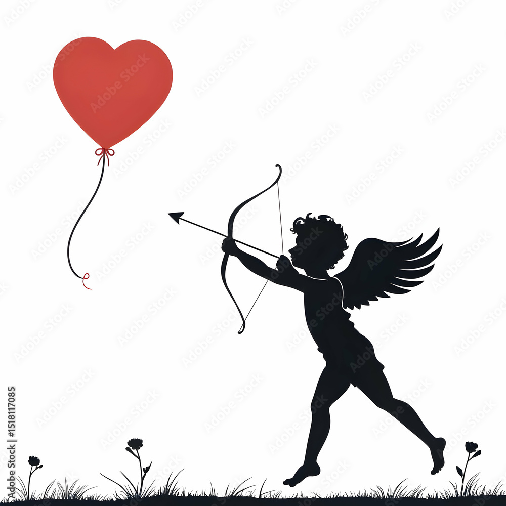 Fototapeta premium Silhouette of a cherub aiming an arrow at a heart-shaped balloon in a grassy landscape