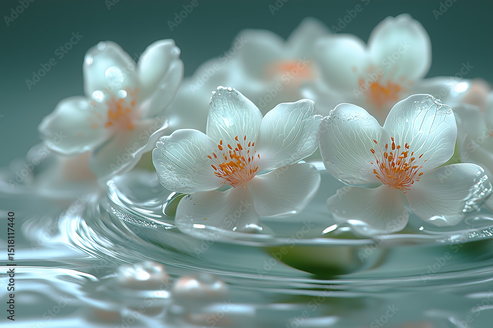 Delicate white flowers with orange centers floating on a calm water surface. Delicate white flowers with orange centers floating on a calm water surface.