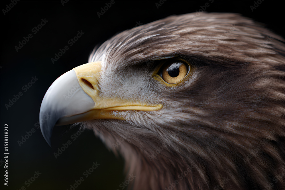 Fototapeta premium Majestic eagle with striking golden eyes and sharp beak, showcasing intricate feather details and powerful presence against a dark background, symbolizing strength and freedom