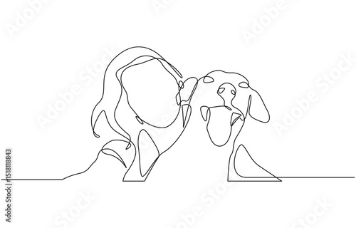 Continuous line drawing of happy pet lover with dog vector illustration, Single line drawing vector illustration with editable stroke of happy pet lover with dog linear isolated on white background.
