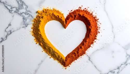 Fototapeta Naklejka Na Ścianę i Meble -  Turmeric and paprika powders are carefully arranged to form a heart shape on a white marble surface, symbolizing love for spices and healthy cooking overall.