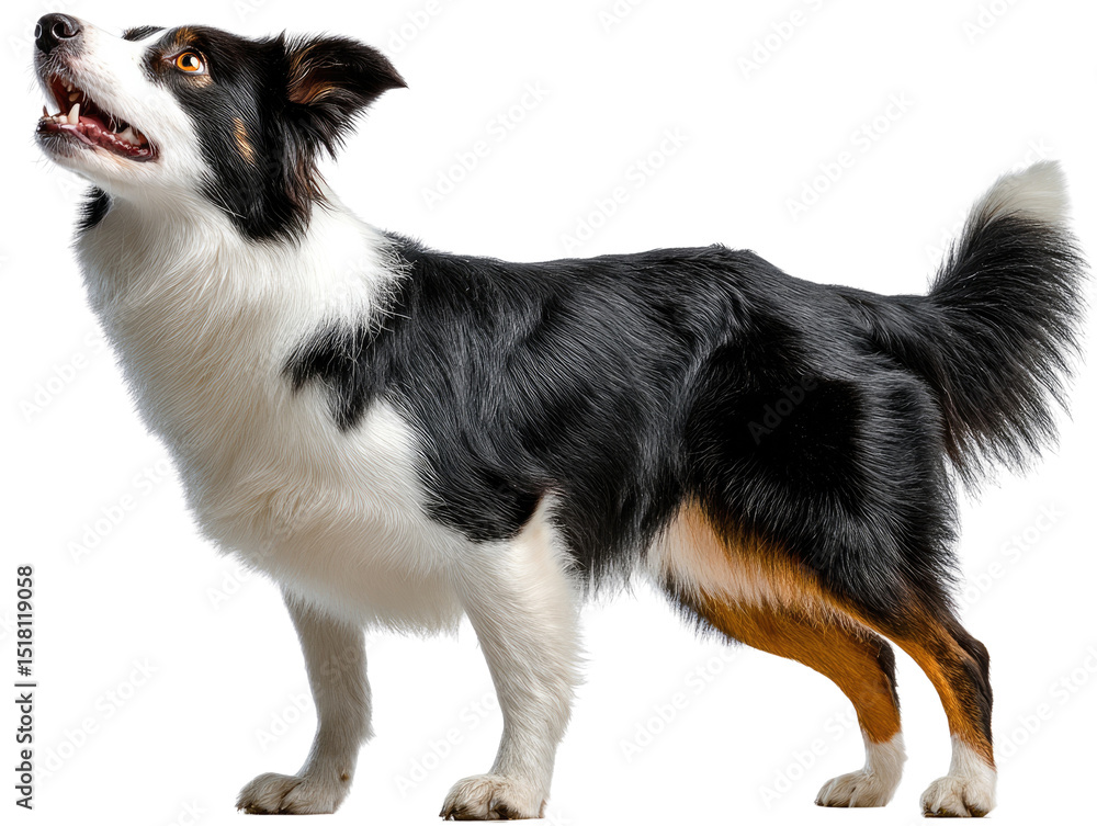 Obraz premium Loyal Gaze of an Aussie: A striking Australian Shepherd stands proudly, its intelligent eyes gazing upwards, a testament to its breed's loyalty and trainability.