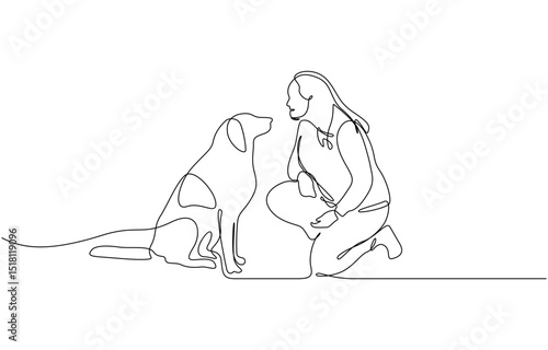 Continuous line drawing of happy pet lover with dog vector illustration, Single line drawing vector illustration with editable stroke of happy pet lover with dog linear isolated on white background.