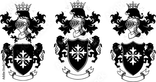 Heraldic Lion. Medieval coat of arms. Lys De Fleur. Crest depicting a lion's flank supporters shield. Knights helmet design. Vintage retro style. Engraving Royalty Emblem. Heraldy King Icon