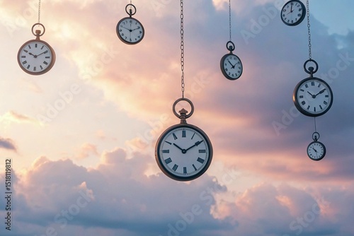 Dreamlike Sky with Floating Antique Clocks Surreal Time Concept