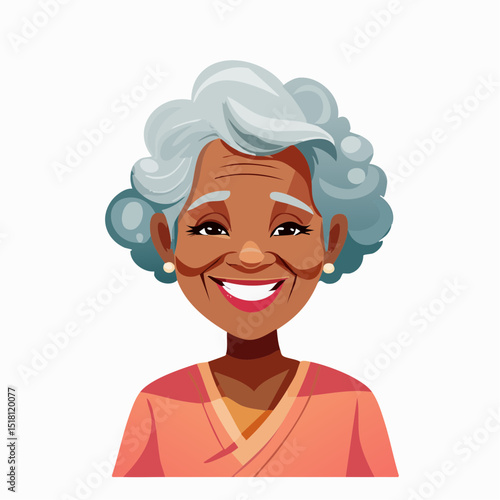 Smiling Senior Woman: A joyful elderly African-American woman with short, gray hair and a warm smile, radiating happiness and contentment.