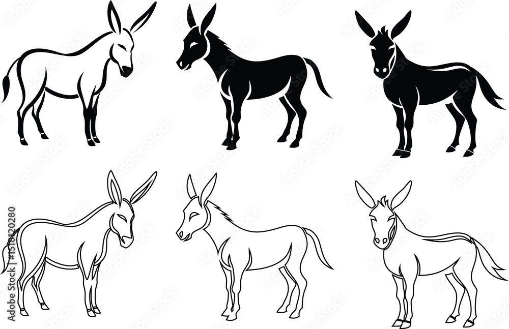 Fototapeta premium Minimal donkey flat and outline vector icon set illustration with smooth lines. Perfect for animal icons, infographics, and rural branding.