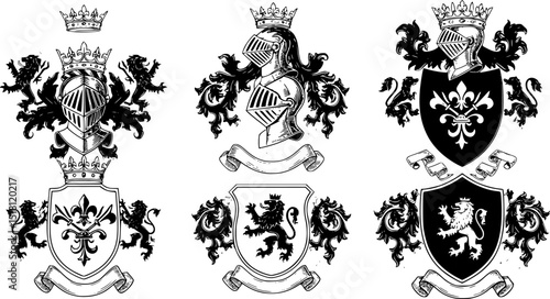 Heraldic Lion. Medieval coat of arms. Lys De Fleur. Crest depicting a lion's flank supporters shield. Knights helmet design. Vintage retro style. Engraving Royalty Emblem. Heraldy King Icon