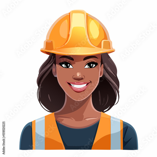 Smiling Female Construction Worker: A friendly and confident Black woman smiles warmly while wearing a safety helmet and safety vest.  