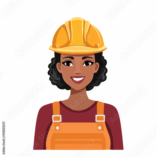 Smiling Female Construction Worker: A portrait of a cheerful Black woman construction worker, wearing an orange jumpsuit and a yellow hard hat. She is smiling confidently.