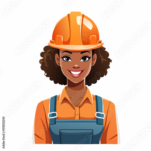 Smiling Female Construction Worker: A cheerful Black woman construction worker with a bright smile, wearing an orange hard hat and overalls.  