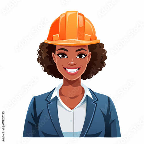 Female Engineer: A portrait of a smiling female engineer, complete with a protective hardhat, symbolizes competence and confidence in the field. Depicting her professional attire.
