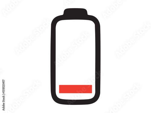 Graphic illustration of a battery icon showing low charge level in black and red, isolated on white background. concept of energy, power status, icon, logo, charging, design element
