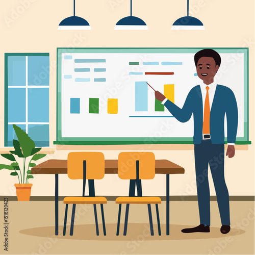 Business presentation :An instructor delivers a presentation, pointing to a diagram, fostering an environment of learning, illustration for business and educational material