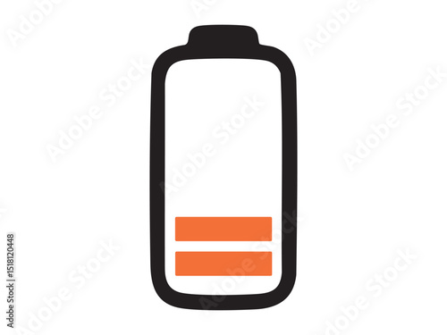 Minimalist illustration of low battery icon with orange power level indicator, isolated on white background. concept of energy, power, technology, smartphone, device, low charge