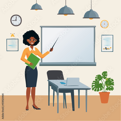 Teacher in Classroom: A dedicated teacher, standing confidently in a modern classroom, engaging her students with an interactive presentation, symbolizing knowledge and education.
