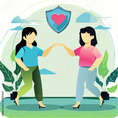 Mutual Support and Protection: Two women, standing hand-in-hand, symbolize mutual support, care and protection, depicted in a friendly and approachable illustration.