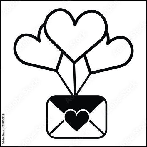 Black and white silhouette illustration of a love letter and balloons. Suitable for logos, icons, posters, advertisements, banners, companies, t-shirt designs, stickers, and websites.