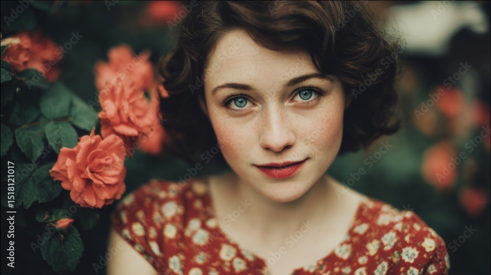 Naklejka premium Portrait of a Young Woman with Freckles and Red Hair Among Coral Roses