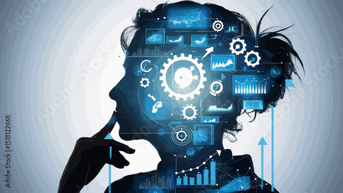 Digital composite image featuring the silhouette of a person's profile, likely a woman