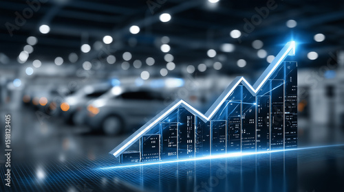 Rising Economy in Car Industry: A dynamic graph representing economic growth takes center stage, its vibrant blue hues juxtaposed against the backdrop of gleaming automobiles in a modern showroom.