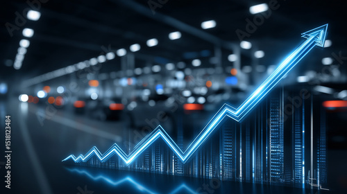 Automotive Industry Growth: An illuminated arrow ascends, indicating positive trends within a factory setting. A visual representation of success in the automotive industry.