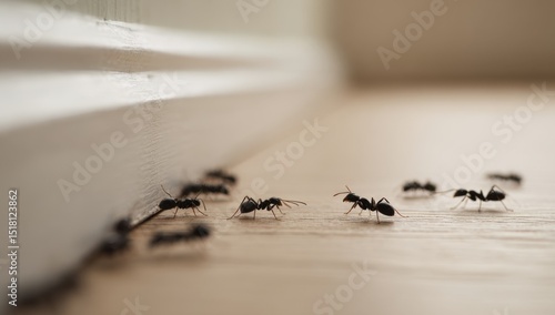 Ants crawling on floor near baseboard indoors