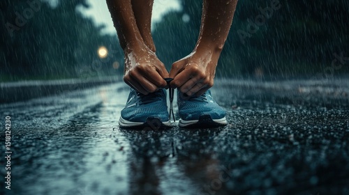 Tying shoelaces in the rain.  Athlete preparing for outdoor run in wet conditions