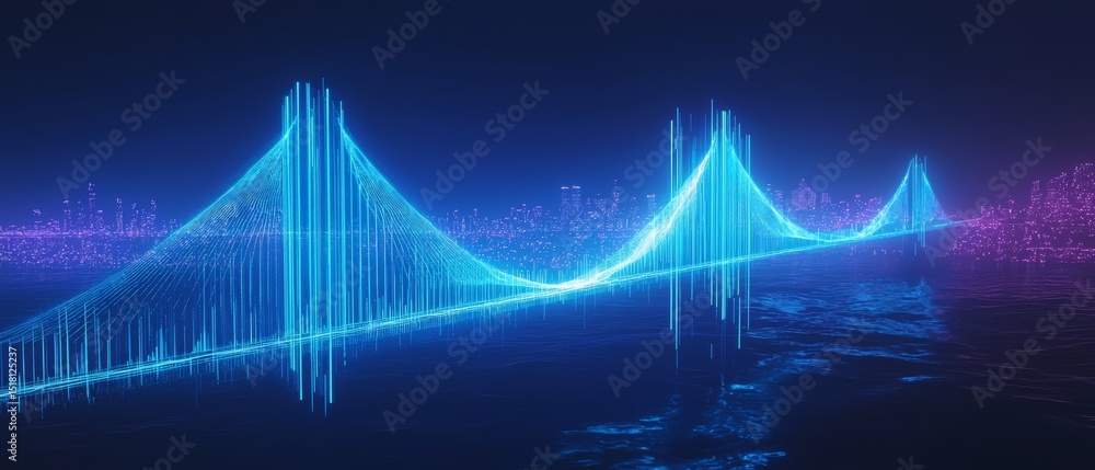 Naklejka premium Futuristic Soundwave Design with Cityscape and Vibrant Colors