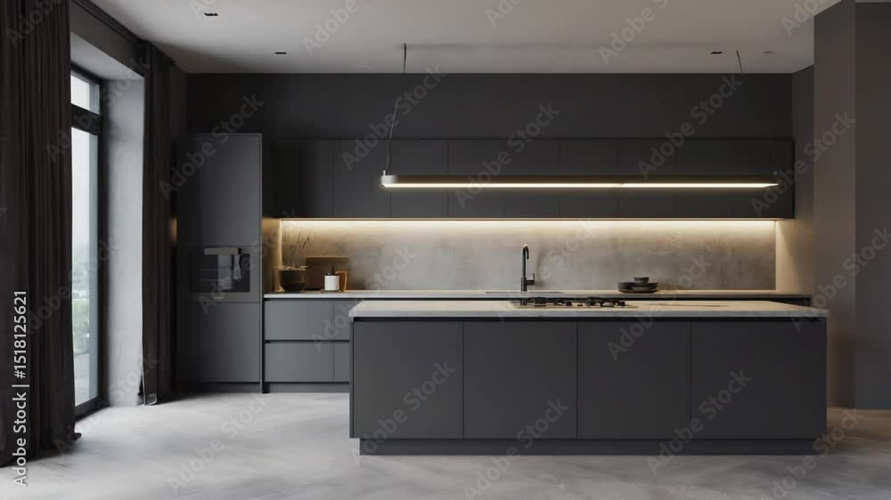 Modern Kitchen Interior with Island and Under Cabinet Lighting Modern Kitchen Interior with Island and Under Cabinet Lighting