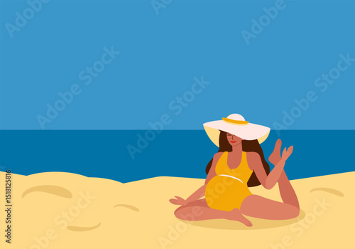 Young pregnant tanned woman in swimsuit and hat doing yoga on beach, sport and meditation by the sea in summer - vector color flat illustration for banners, cards, posters, flyers
