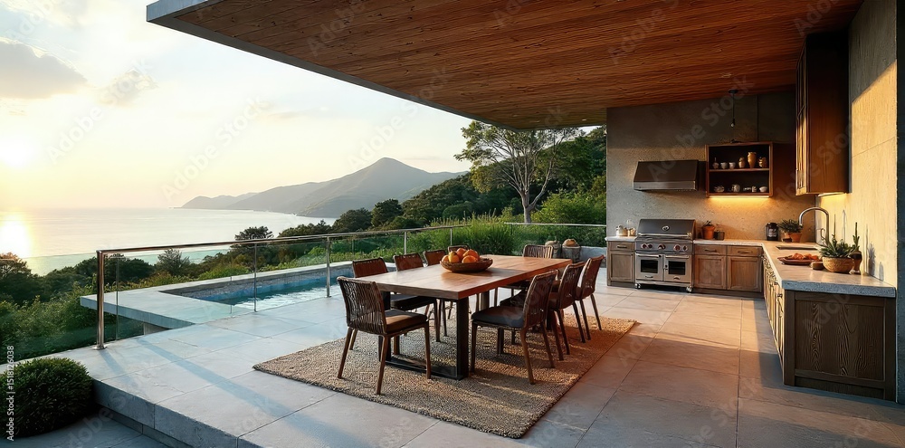 Fototapeta premium Elevated outdoor kitchen and dining area on a spacious deck, perfect for entertaining Modern design with built-in seating and stunning views , wood, view, modern