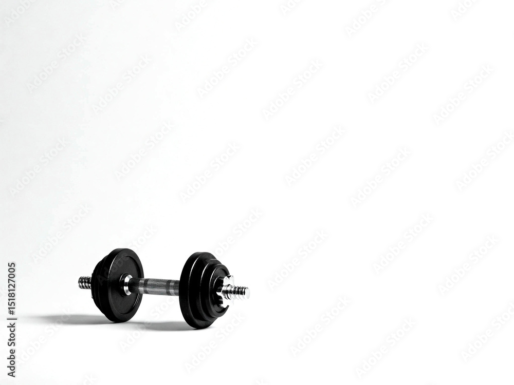 Fototapeta premium Exercise Black Dumbbell on Minimalist White Background for Fitness and Yoga Stock Photography,