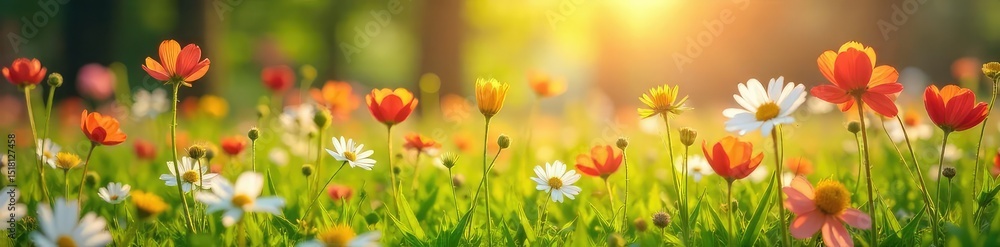 Fototapeta premium Vibrant wildflowers bursting into bloom in a lush meadow bathed in the warm glow of the springtime sun Perfect for themes of renewal, growth, and the beauty of nature's awakening , fresh, environment