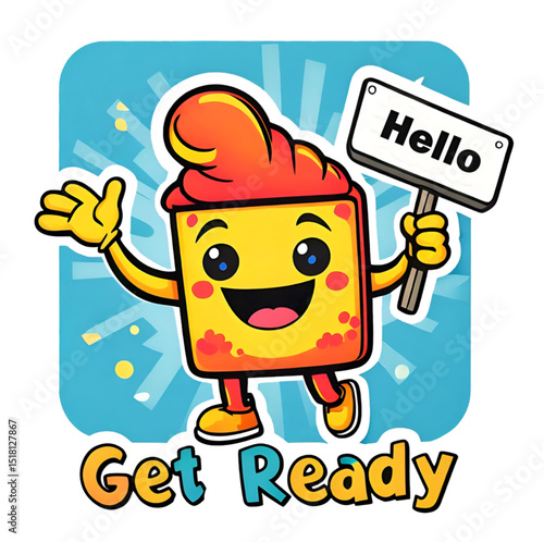 Cheerful Square Character Holding Hello Sign