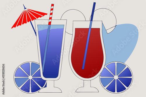 Colorful summer cocktails with umbrellas and citrus fruits in illustration  