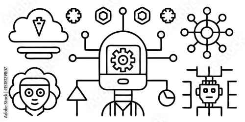 Robot and ai icons isolated on white background