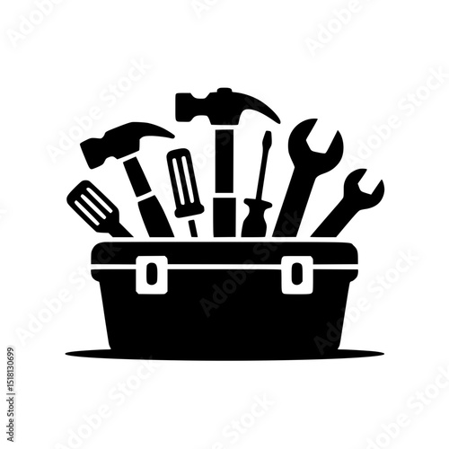 Toolbox with various hand tools for repair, maintenance, and construction
