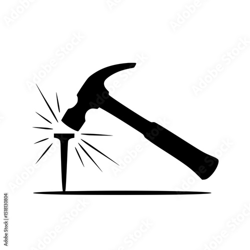 Hammer striking a nail with force and motion impact lines