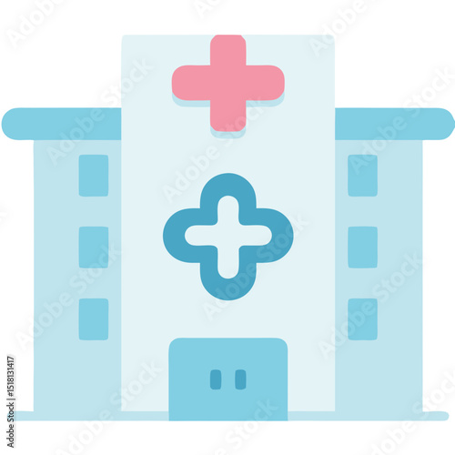Pastel Blue Hospital Building with Double Cross Symbol