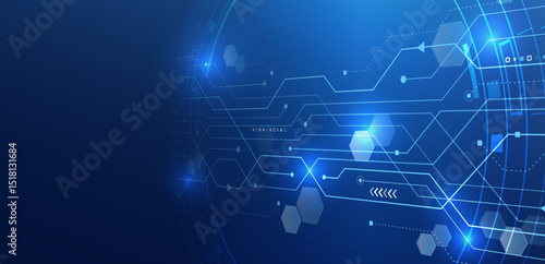 Abstract futuristic technology background with hexagonal shapes, glowing circuit lines, and digital elements on a blue gradient. Ideal for high-tech, sci-fi, and data network themed projects.