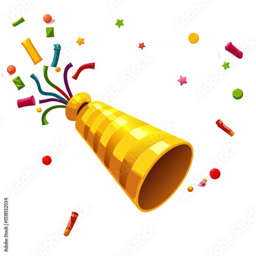 Golden Party Popper Exploding with Colorful Confetti and Streamers