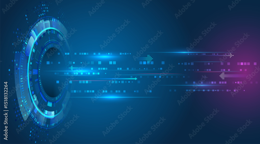 Obraz premium Futuristic background with glowing circle elements, binary code and moving arrows. Ideal for topics related to cybersecurity, innovation, data processing and high-tech solutions.
