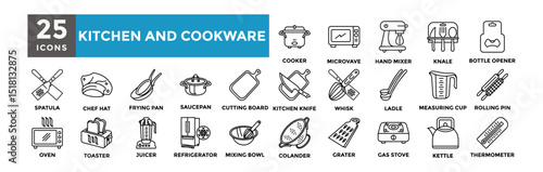 Kitchen and Cookware  icon collection set. Containing spatula, chef hat , frying pan, cutting board, saucepan