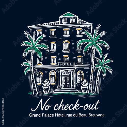 Hand sketch beach hotel graphics. Eco resort vintage t-shirt print design for vector graphic. summer beach artwork one color screen print design.
