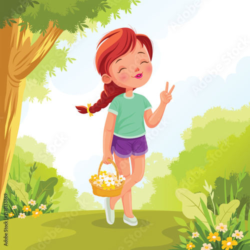 Smiling Girl Picking Spring Flowers
