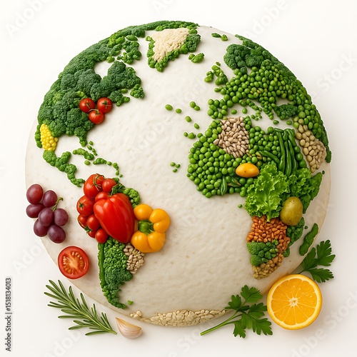 Globe made of fresh fruits, vegetables, and grains symbolizing healthy eating and global nutrition, perfect for World Food Day and sustainability themes. Generative AI