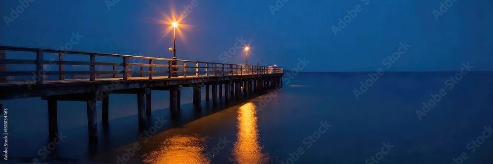 Fototapeta premium A charming pier light illuminates the night, casting a warm glow on the wooden pilings and the calm water Perfect for nautical, coastal, or seaside themes , jetty, lamp, beach