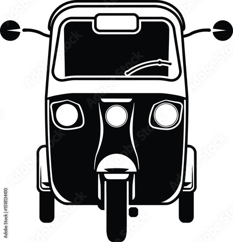 Vector silhouette of a tuk tuk auto rickshaw in three quarter front view, tuk tuk, auto rickshaw, rickshaw, three wheeler, taxi, transportation, travel, ride, vehicle, silhouette, black, white, vector