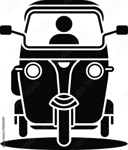 Vector silhouette of a tuk tuk auto rickshaw in three quarter front view, tuk tuk, auto rickshaw, rickshaw, three wheeler, taxi, transportation, travel, ride, vehicle, silhouette, black, white, vector